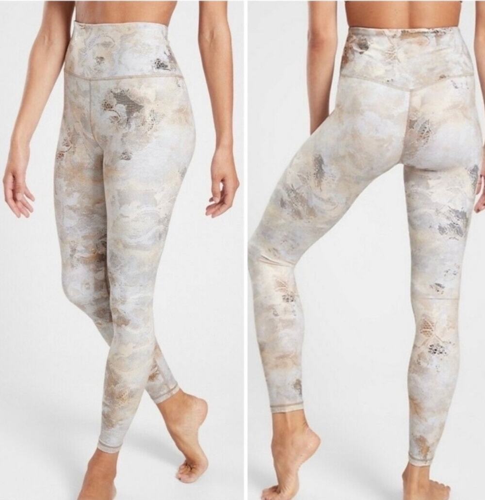 Athleta Elation Gilded Tight Womens Size Small | White/Gold |Yoga *EUC